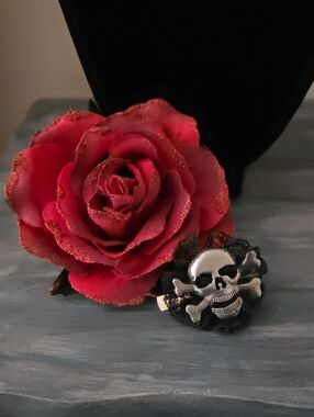 Skull & Crossbones Hair Clip with Red Rose Accent
